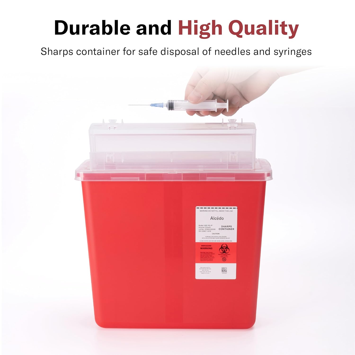 Alcedo Sharps Container for Home and Professional Use 5 Quart (2  Pack), Biohazard Needle and Syringe Disposal, Mailbox Style Lid, Medical Grade